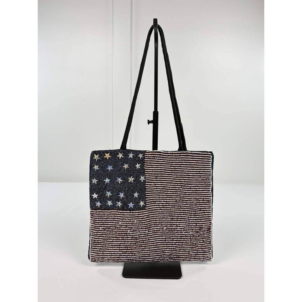 Beaded American Flag Tote Bag USA Star Purse Red White Blue Handbag Hand Beaded